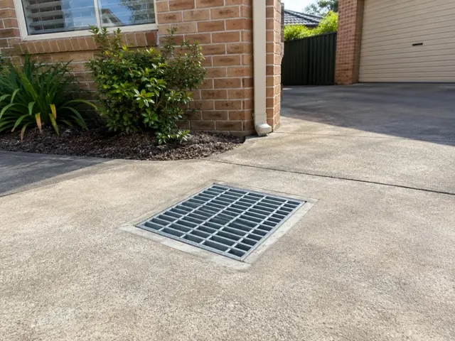 Clean outdoor drain grate set in a concrete driveway beside a brick house in Belmont North